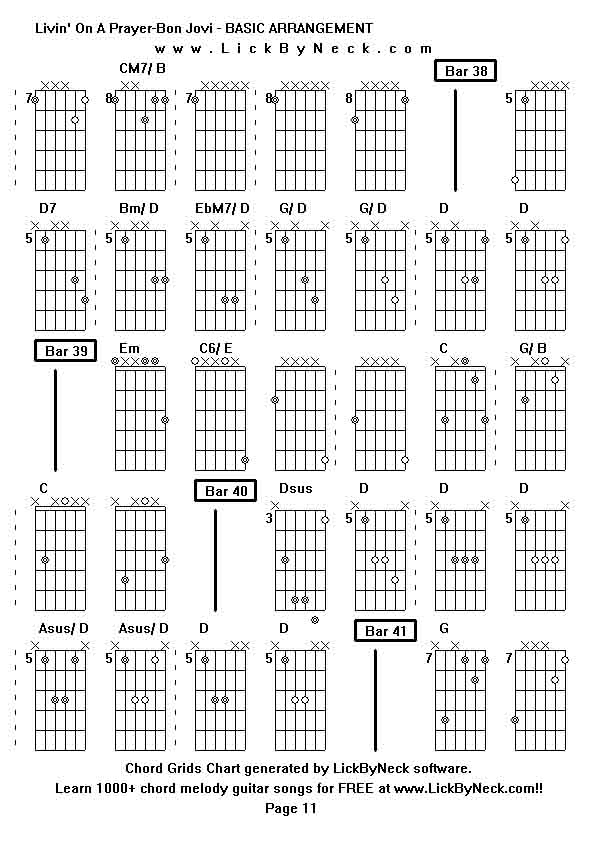 Chord Grids Chart of chord melody fingerstyle guitar song-Livin' On A Prayer-Bon Jovi - BASIC ARRANGEMENT,generated by LickByNeck software.